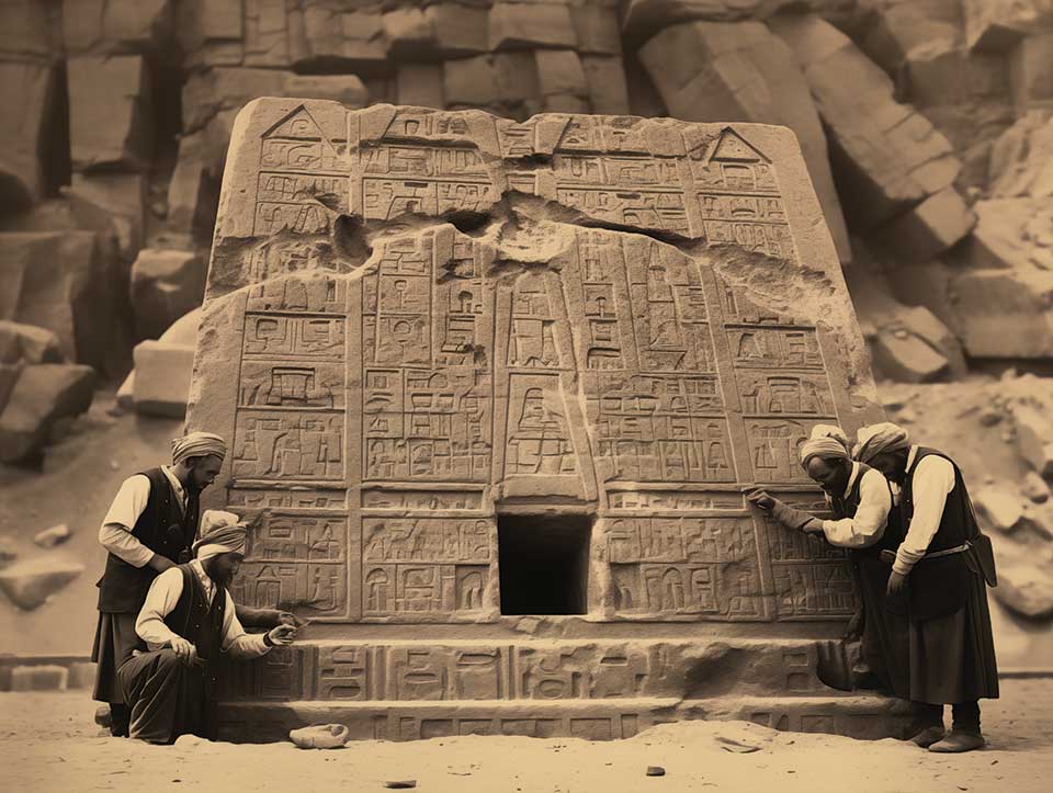 Archive photo from 1883 expedition, researchers looking over heiroglyphs at the temple of Abu Wat. It is believed this shrine once housed the Boudreau Family Heirloom.