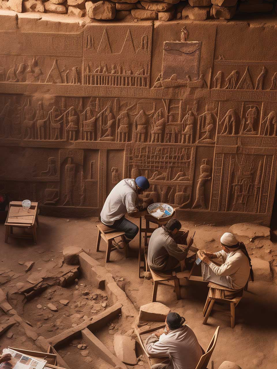 Archaeologists at Göbekli Tepe work by newly discovered relief carving of an ancient ritual with the Heirloom at a prominent position.